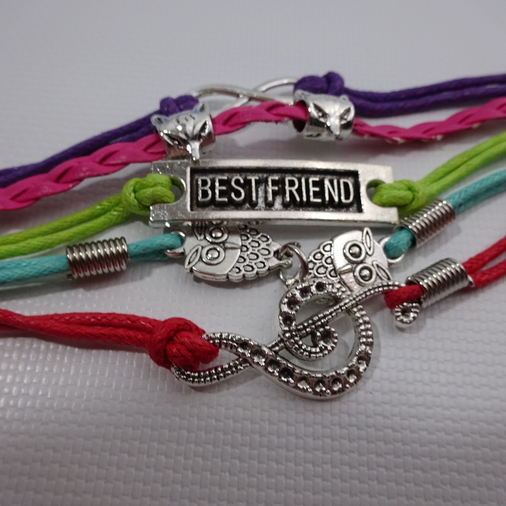Owl Note Wing Leather Charm Bracelet Silver Plated - Picture 1 of 4